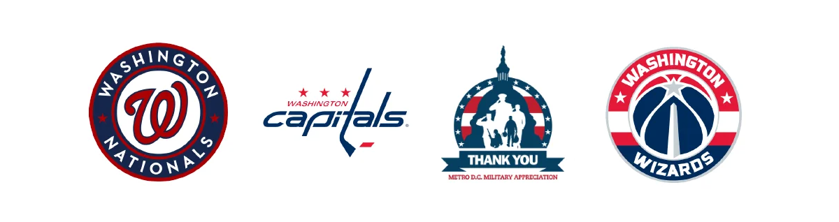 Logos of Washington Nationals, Washington Capitals, Military Appreciation Night, and Washington Wizards